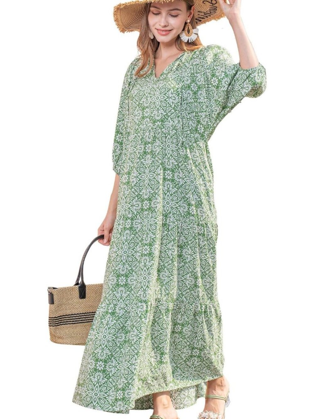 Boho Maxi Dress for Women, V Neck 3/4 Puff Sleeve, Flowy Summer Beach Midi Dress
